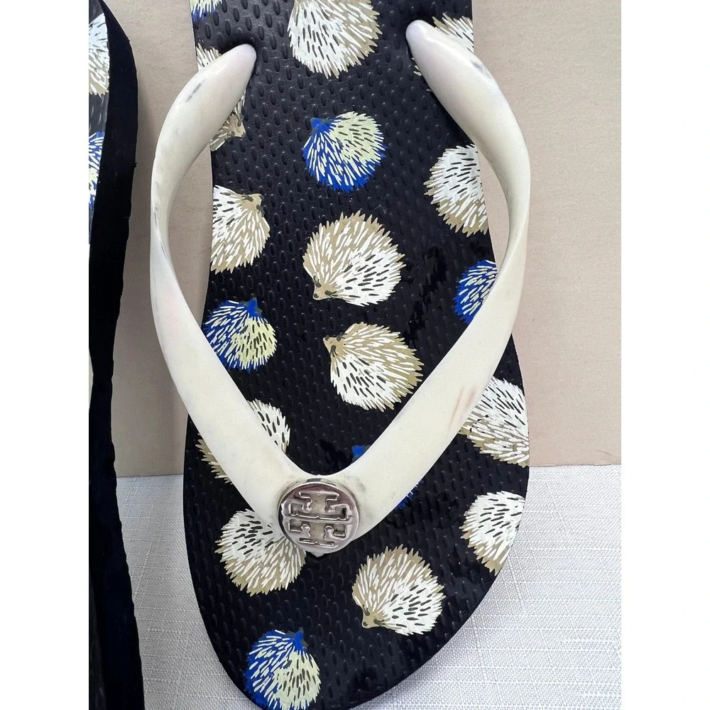 Tory Burch Flip Flop Sandals Womens 8 Black Hedgehog Print Good Casual Thong